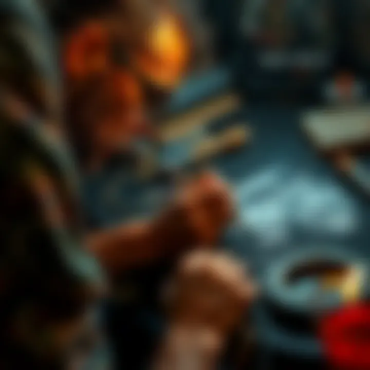 An artist carefully etching a detailed scratchboard fanart piece, showcasing fine lines and textures, with tools and a partially completed artwork visible.