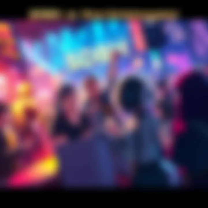 A vibrant scene showcasing characters from SDBH engaging with fans at a lively event, highlighting its impact on modern entertainment