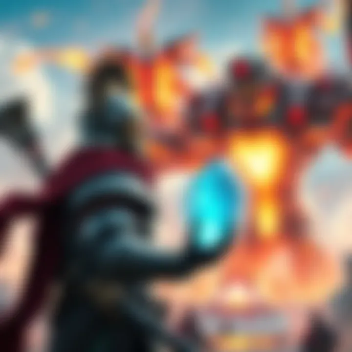 A warrior holding a glowing sea prism stone, facing a giant enemy ready to attack