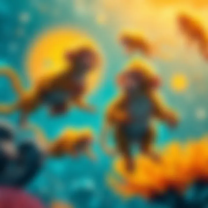 A colorful illustration of Seamonkeys swimming in a blend of Neptune's deep blue and Sun's warm golden hues, representing their unique characteristics.