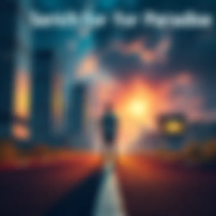 A person standing at a crossroads, looking confused as city buildings and nature blend together, symbolizing choices in a challenging world.