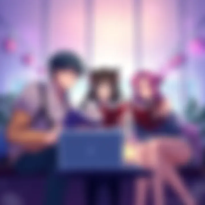 Search for SuzaLulu Fanfiction A group of fans discussing SuzaLulu fanfiction with books and laptops, displaying their interest in Code Geass characters