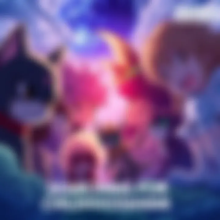 A group of nostalgic anime characters from the show, showcasing creatures combining and colorful worlds