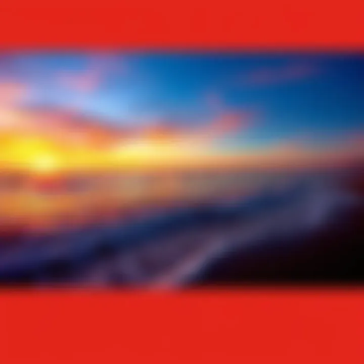 A beautiful seaside sunset with vibrant colors reflecting on the water as waves gently crash on the shore.