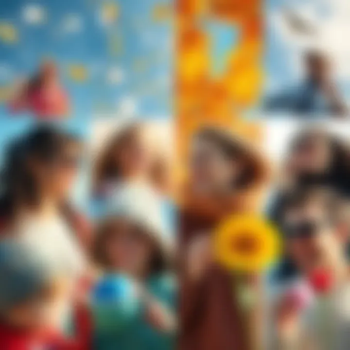 A collage of people celebrating summer, autumn, winter, and spring activities like beach outings, leaf peeping, snowball fights, and flower picking