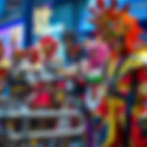 A vibrant group of fans dressed in intricate Secret God's cosplay outfits, showcasing their creativity and passion, with bright colors and detailed designs.