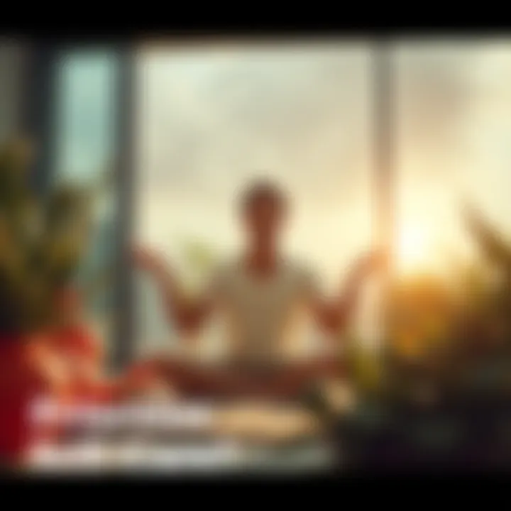 A person practicing self-care by meditating in a serene environment surrounded by plants and soft sunlight.
