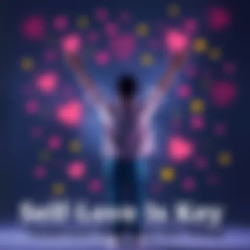 Person celebrating self-acceptance A person standing confidently with arms raised, surrounded by colorful symbols of positivity and self-love, such as hearts and stars