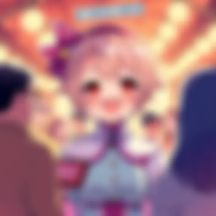 A vibrant illustration of Senchou with a joyful expression, surrounded by community members discussing and engaging with her character.