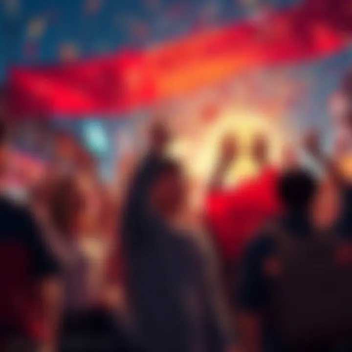 Group of enthusiastic people celebrating the achievements of Sendai Colony with banners and confetti