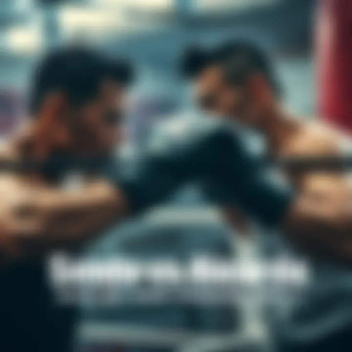 Sendo sparring with Ricardo Sendo and Ricardo in a sparring session, showing intense focus and determination, with boxing gloves on and a training ring background.