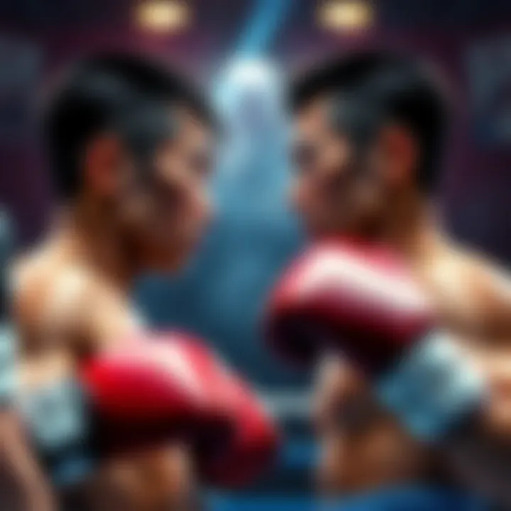 Sendo and Imai face off for the JBC Featherweight Title Sendo and Imai in boxing gear, ready to fight for the JBC Featherweight Title, with an intense atmosphere in the background.