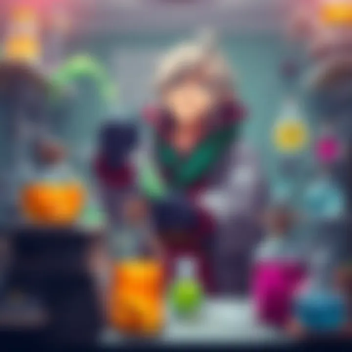 A determined character named Senku stands in a lab, surrounded by scientific equipment, focused on mixing ingredients to create a unique potion, showcasing his persistence.
