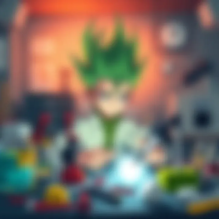 Senku, a young scientist with spiky green hair, working on a science project with tools around him
