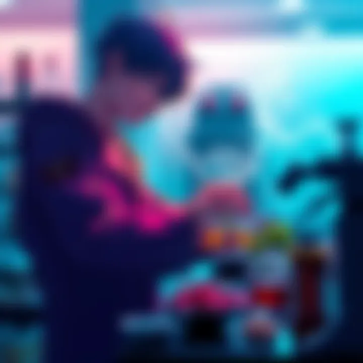 Senku, a young scientist, is seen creating a new food in his lab for ghouls, surrounded by scientific equipment and ingredients.