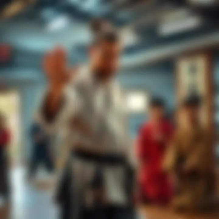 A skilled sensei teaching diverse techniques A sensei demonstrating various skills to a group of engaged students in a dojo