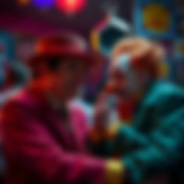 A serious character interacts humorously with a clown in a colorful gag environment