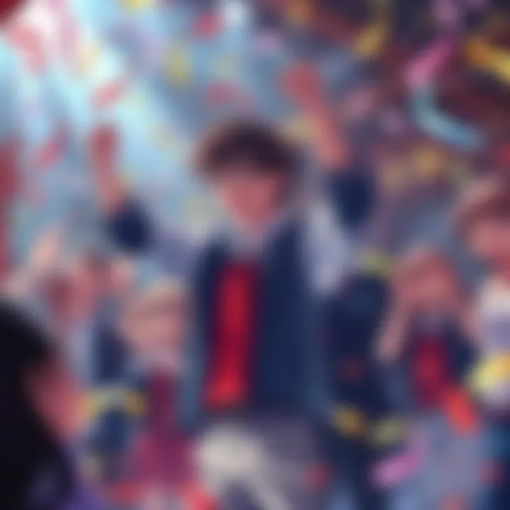 Class 1A participants celebrating Sero's new hero name 'Mixtape' with cheering and confetti