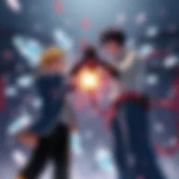 Sero and Todoroki in a battle stance Sero prepares to launch his tape against Todoroki, who is readying his ice powers