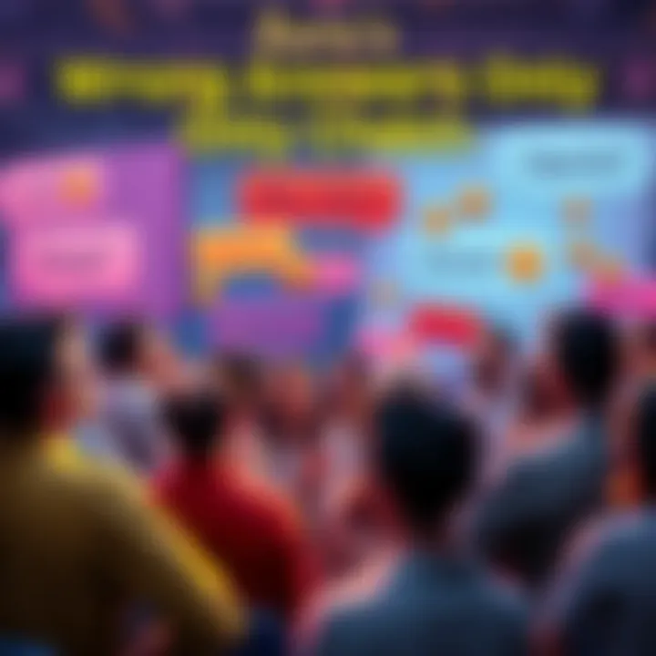 A lively forum discussion with people sharing funny incorrect responses, surrounded by colorful text bubbles and laughter emojis.