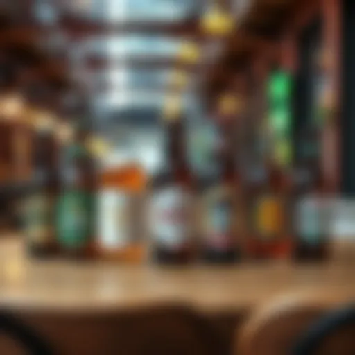 An assortment of seven different beers, each labeled with a unique quirk, showcased on a wooden table in an urban setting.