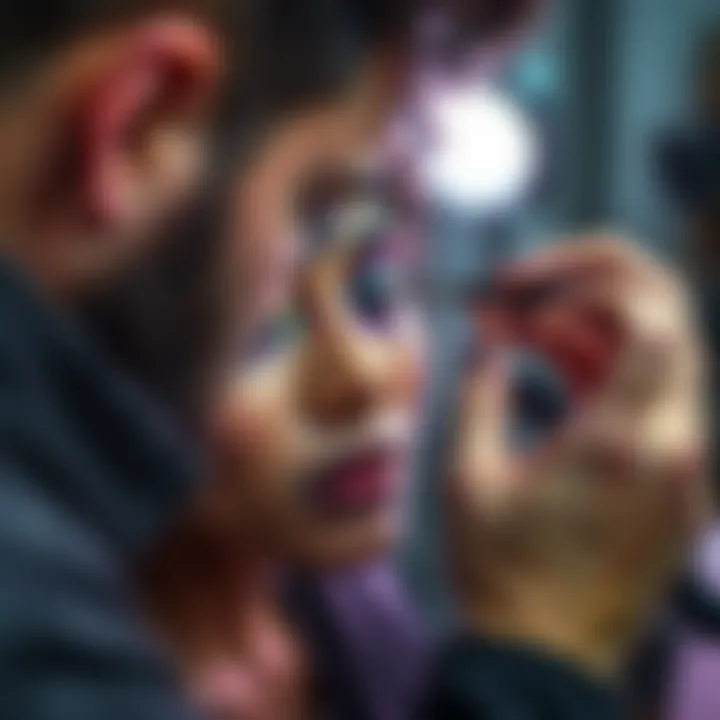 An artist applying special effects makeup on a model's face, showcasing creative designs and techniques for horror or fantasy looks.