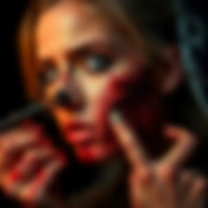 A person applying special effects makeup to their face, showcasing realistic blood and injury effects, inspired by popular shows.