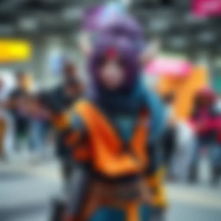 A detailed shOOrk cosplay costume showcasing vibrant colors and creative design, with the character striking a dynamic pose at a convention.
