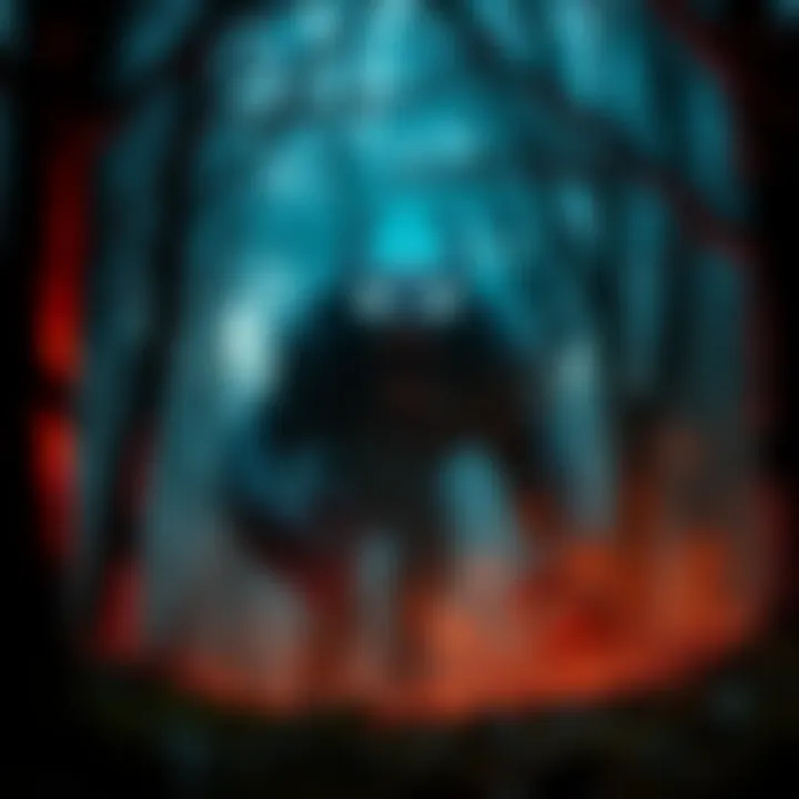 A shadowy creature with glowing eyes lurking in a dark forest
