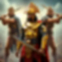 Shaka and Gold Saints Shaka, depicted as a gold saint, stands in a defensive pose showing his calm demeanor, with Saga and Aiolos battling in the background, symbolizing the comparison of strength among them.