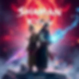 Two main characters from Shaman King standing together in a vibrant scene filled with magical elements