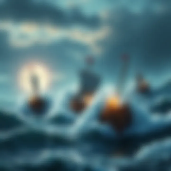 Shandorans sailing in the Grand Line Shandoran boats navigating rough seas with waves crashing around them