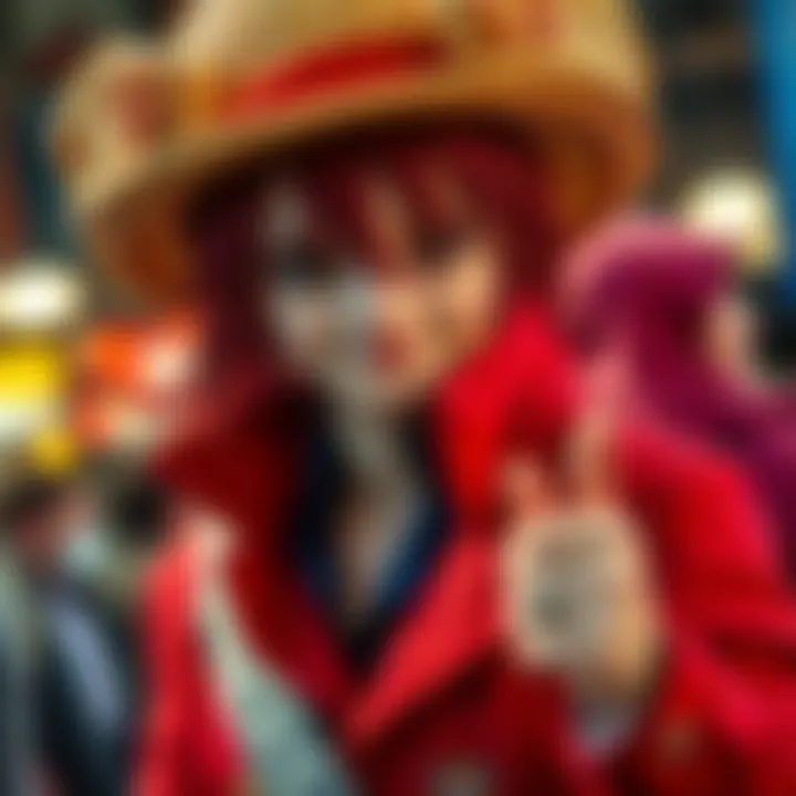A fan dressed as Shanks from One Piece displays impressive cosplay with a red coat and straw hat.