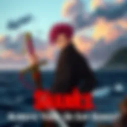 Shanks, a tall character with red hair, stands with a sword, looking serious against a scenic ocean background