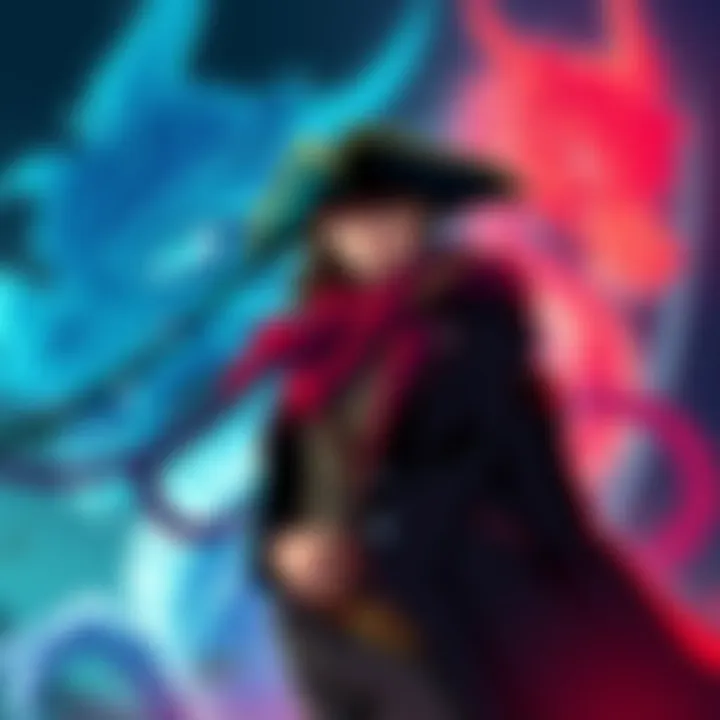 Shanks, wearing a pirate outfit, stands confidently with a Celestial Dragon emblem in the background, symbolizing his role as a double agent.