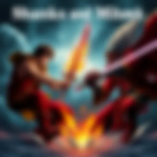 A dynamic scene showing two powerful characters, Shanks and Mihawk, facing each other with swords drawn in an intense battle stance, surrounded by a stormy backdrop.