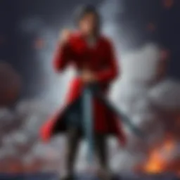 A character with a red coat and a sword, confidently standing with a determined expression.