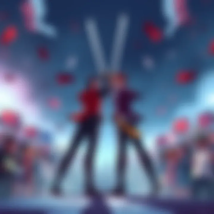 Two anime characters, Shanks and Mihawk, stand ready for battle with swords drawn, surrounded by a cheering crowd holding signs. Tension fills the air as fans debate their strengths.