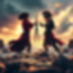 Shanks and Mihawk facing each other in an intense standoff, swords drawn, ready to fight on a rocky shore.