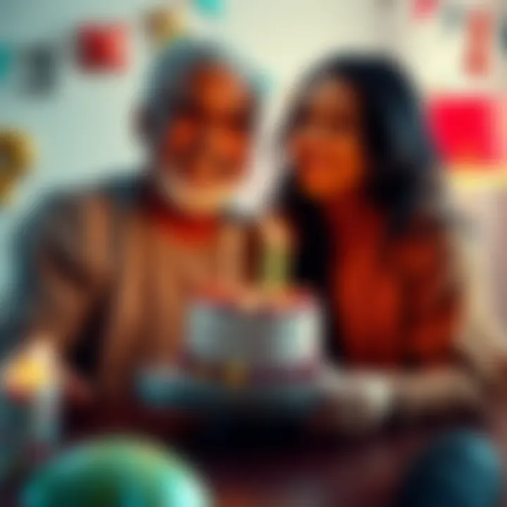 Two individuals smiling and celebrating their shared birthday with a small cake and party decorations