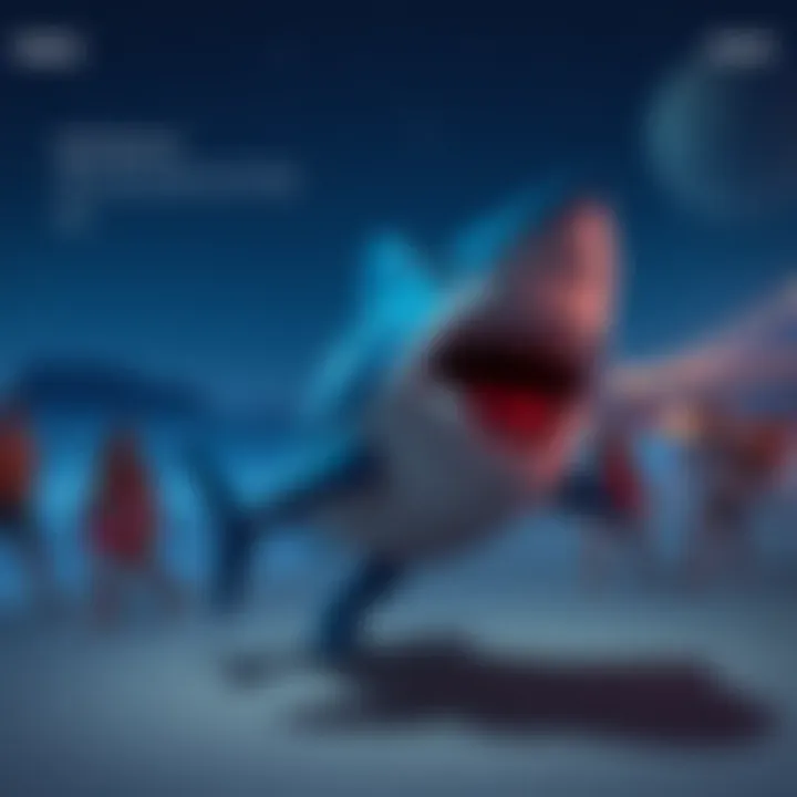 Sharky, a friendly shark character, leads a group of people enjoying fun activities on the beach under the stars.