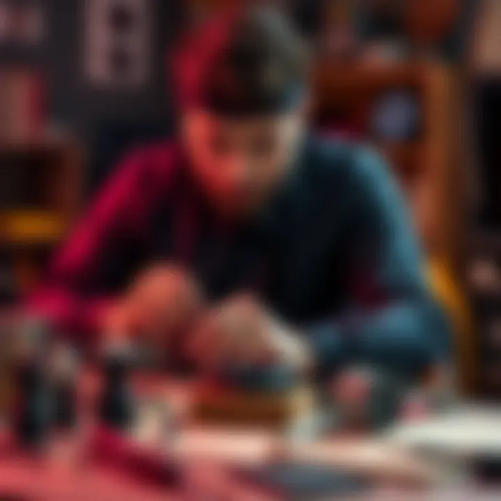 A focused individual practicing skills at a desk with tools and materials