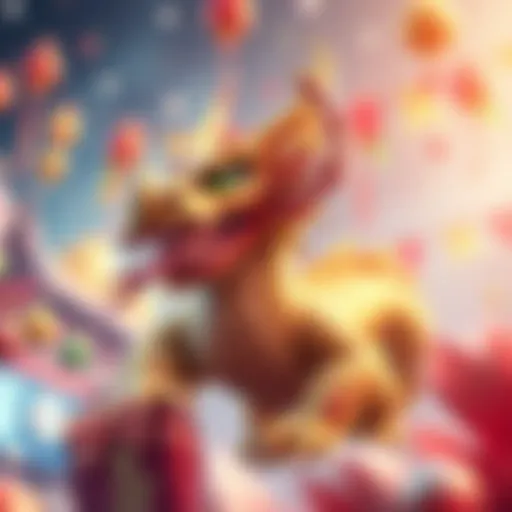 A festive scene showcasing Shenron, the dragon from popular culture, surrounded by colorful decorations and celebration elements for the 7th Anniversary event.