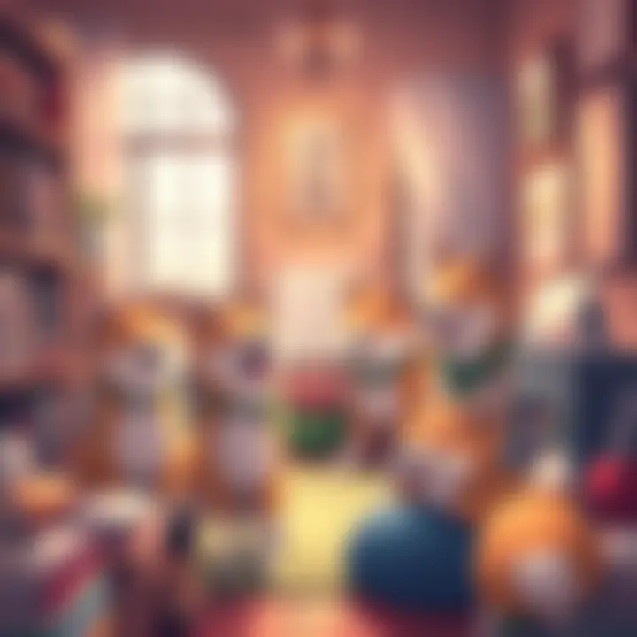 A group of Shiba Inu characters in a cozy room, with books and playful items around, reflecting character development and story progression.