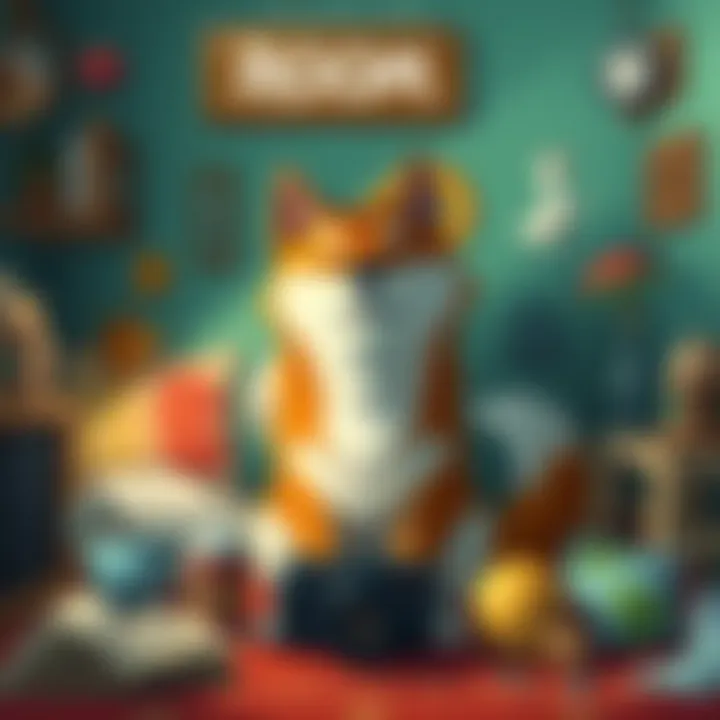 Shiba Inu Room Cover Illustration A Shiba Inu surrounded by elements representing grief and self-worth, featuring a blend of humor and emotion.