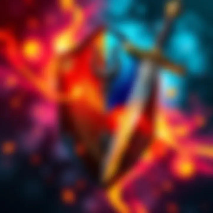 A striking visual of a shield and sword, representing themes of conflict and protection, with vibrant colors and dynamic contrast.