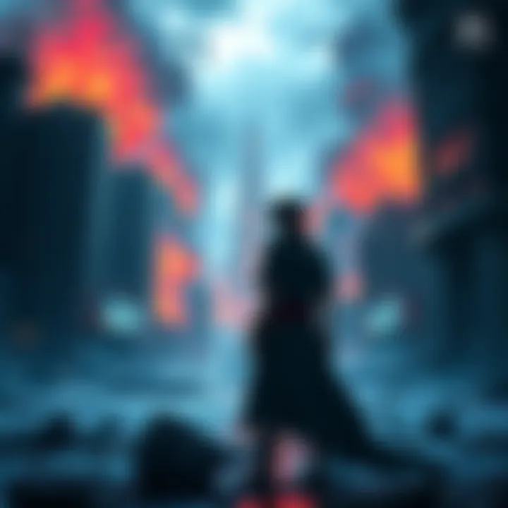 A character resembling Shigaraki stands in a ruined city, contemplating the destruction around him, emphasizing the impact of his flawed strategy on game development.