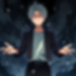 Shigaraki stands with a frustrated expression, his hands outstretched as if he is questioning his strength, surrounded by a dark and chaotic background.