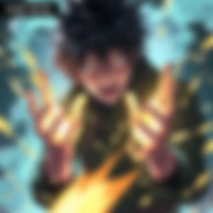 Shigaraki is depicted with a distressed expression, his hands glowing with power as he unintentionally risks harm to himself.