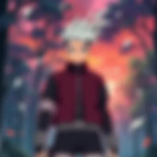 Shikamaru stands with a serious expression, calling for Sakura and Kakashi as a vibrant forest background sets the scene